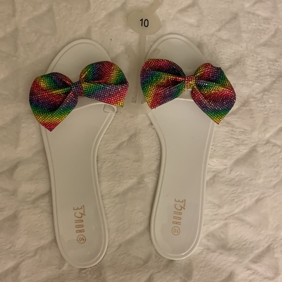 💜NWT Cute White Jelly Slides with Multi-Colored Rhinestone Bow💜Size 10💜 - Picture 4 of 6